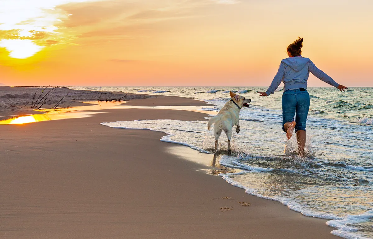 Frau joggt mit Hund am Strand Frau joggt mit Hund am Strand